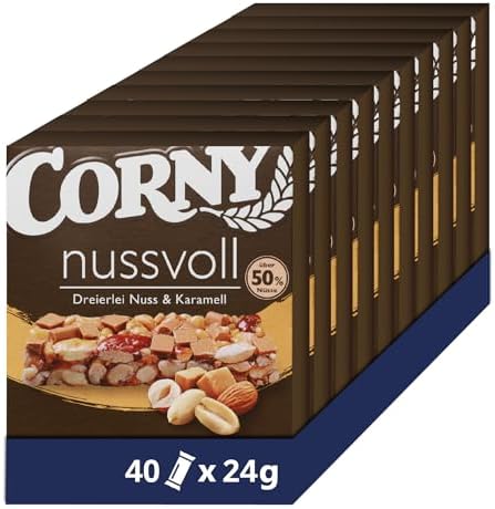 Nussriegel Corny Nussvoll Dreierlei Nuss & Karamell | 3 Nusssorten | 40x24g | Über 50% Nüsse | Große Nuss-Stücke | Für kleine Pausen & zwischendurch | Alternative zu Studentenfutte