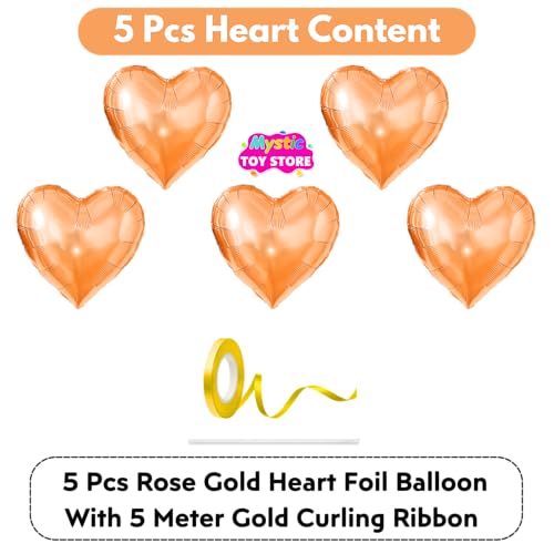 Image of Pack of 5 Heart Balloons for Happy Birthday Decoration Rose Gold Kit Baby Boys Girls Kids Men Women Car Boot Living Room Heart Shaped Foil Balloon Set Items