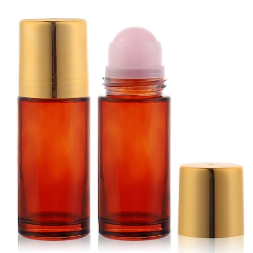 RAMFIYN 2 pack 1.7oz Large Amber Glass Roll on Bottles Rose Quartz Roller Ball Applicator for Essential Oils Perfume Refillable Empty Deodorant Containers with Pink Crystal Rollerball