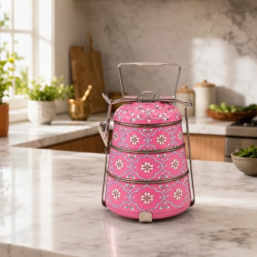 Image of iHandikart Handpainted Decorative Lunch Box Tiffin | Multiple Tier Stainless Steel Food Box | Designer Indian Print Tiffin for School | Diwali Gift, Navratri Gift (Color - Multicolor)