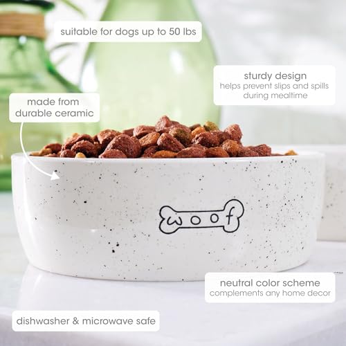 Pearhead Ceramic Woof Dog Bowl, Holds 3 Cups, Stoneware Food and Water Dish, Pet Feeding, Microwave and Dishwasher Safe, Medium