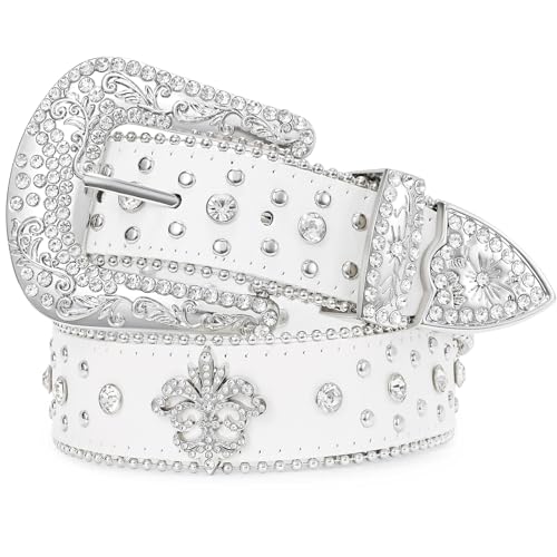 JASGOOD Rhinestone Studded Belt for Men Women, Western Leather Belt for Cowgirl Cowboy Vintage Bling Belt for Pants Dress