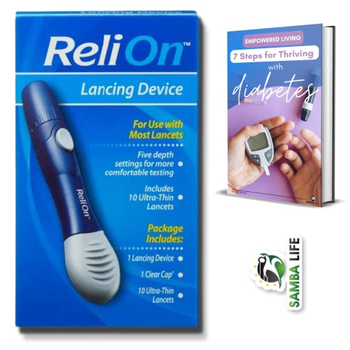 Lancing Device for Diabetes Testing Bundle. Includes Relion Lancing Device with 10 Ultra-Thin Lancets and SAMBA LIFE eBook “7 Steps to Thrive with Diabetes” (1)