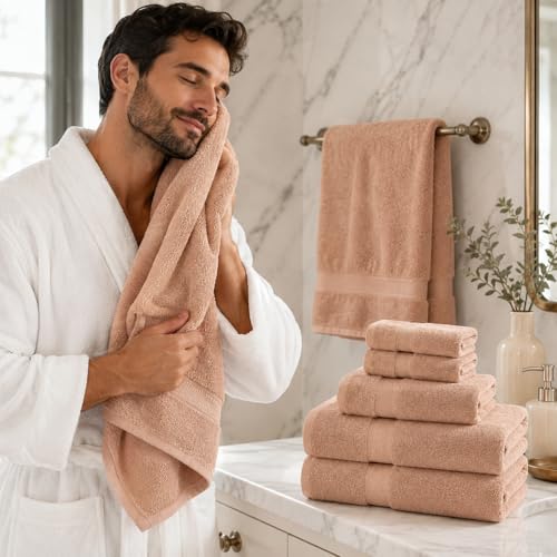Image of Sulfar 100% Combed Cotton, 6 Pcs Towel Set - 2 Bath Towels (70 x 140 cm), 2 Hand Towels (40 x 70 cm) and 2 Face (30 x 30 cm) (600 GSM, Pack of 6) Nature Lux