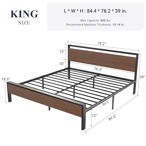 Image of Allewie King Size Bed Frame, Heavy Duty 12 Metal Slats Support, Walnut | Wooden Headboard and Footboard, Modern Platform Bed, No Box Spring Needed, Under-Bed Storage, Noise Free, Easy Assembly