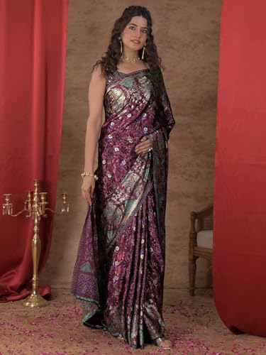 Image of Satrani Women's Crepe Foil Printed Weaving Banarasi Saree with Unstitched Blouse Piece