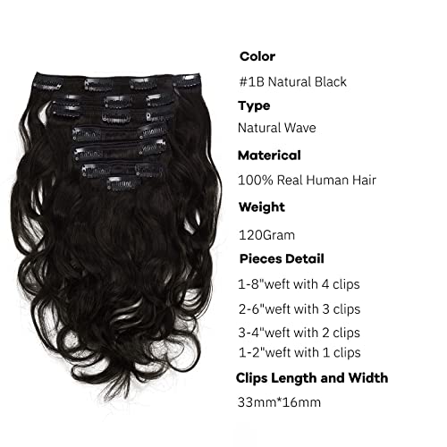 Loxxy Clip In Human Hair Extensions Virgin Remy Natural Wave Human Hair Extensions #1B Natural Black Color 22Inch Double Weft With 17 Strong Clips Per Pack 120G/Set 7Pcs/Lot #TOP1