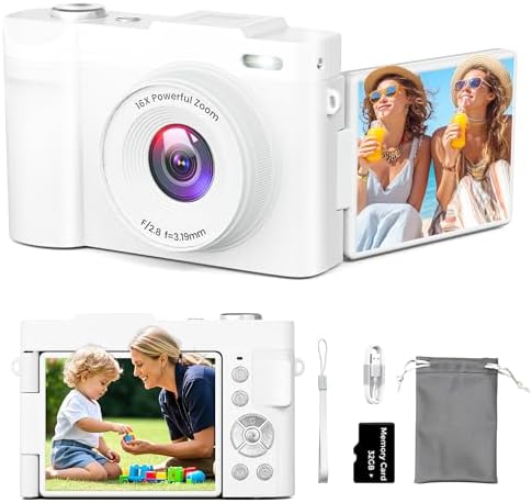 4K Digital Camera for Photography, Small Vlogging Camera with Flip Screen for YouTube, 50MP 16X Zoom, Portable Travel Cameras with 32GB SD Card for Beginners(White)