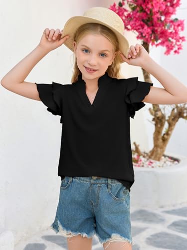 Haloumoning Girls Ruffle Short Sleeve T Shirts Kids Summer Cute V Neck Tops Blouses 5-14 Years3