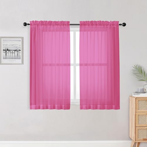 Image of OWENIE Hot Pink Kitchen Sheer Curtains for Bedroom Living Room 45 Inch Length, Bedroom, Soft Solid Light Filtering Voile Short Sheer Curtain for Small Window, 42 inch W x 45 inch L, Hot Pink