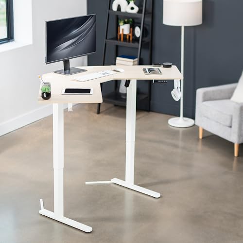 Image of VIVO Light Wood 47 x 47 in Corner Standing Desk, DESK-E1L94C | Electric, Holds 154 lbs, L-Shaped Table, Sit Stand, Height Adjustable, Memory Presets, Home Office, White Frame