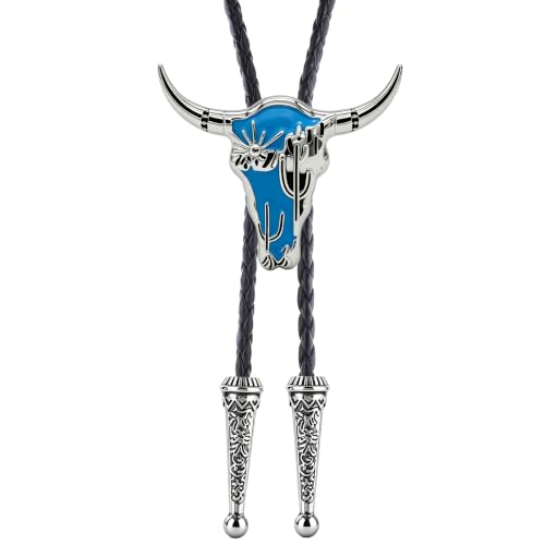 Image of GelConnie Mens Western Bolo Tie Blue Longhorn Skull Cowboy Necktie Cord | Blue Longhorn Western Bolo Tie with Cactus Motif, Adjustable Faux Leather Cord for Cowboy Ties for Men and Rodeo Outfit Style