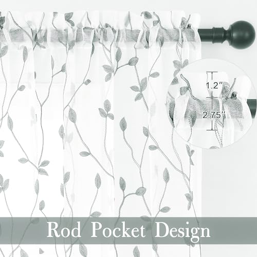 WUBODTI Grey Leaf Embroidered Sheer Curtain 63 Inch Length 2 Panels for Small Windows, Rod Pocket Grey and White Light Filtering Faux Linen Leaves Patterned Curtains for Bedroom Living Room - image 2