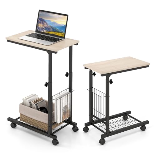 GYMAX Mesa Auxiliar en Forma de C, Mesa para Ordenador Portátil con Ruedas, Mesa de Sofá con Estante Lateral y Base de Rejilla, Mesa Alta para Ordenador Portátil y Revista, 50 x 30 x 80 cm (Natural)