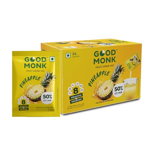 Good Monk Fruit Drink Mix (Natural Pineapple Powder), 50% Less Sugar with 8 Vitamins & Minerals (Vitamin B12, C, D, Iron & more) | Tasty & Healthy Drink Mix for Hydration, Energy, Immunity, 24 Sachets