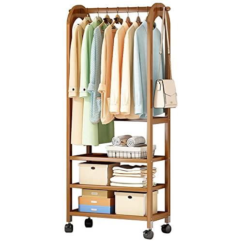 Perchero de madera resistente de 3 niveles con almacenamiento y ruedas, barra de ropa que ahorra espacio para dormitorio, lavandería y organización de sala de exposición
