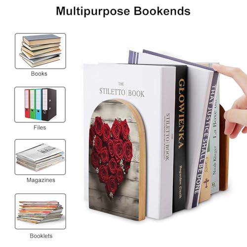 Sujetalibros de madera con rosas rojas soporte grande para libros 4
