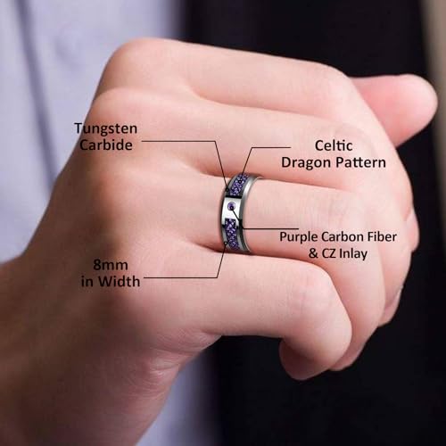 Mens Wedding Band with Celtic Dragon 8mm, Black Tungsten Ring Inlaid with Purple Carbon Fiber and CZ, Comfort Fit Rings for Engagement Anniversary, Beveled Edges, Size 7-124