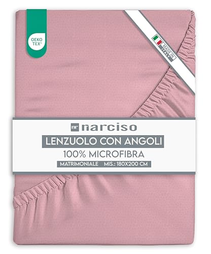 NARCISO Lenzuolo con Angoli Matrimoniale 180x200+25 in Microfibra Tinta Unita Embossed, Lenzuola Sotto con Angoli Matrimoniale Traspirante ed Anallergica, Biancheria da Letto Made in Italy (2P, Rosa)