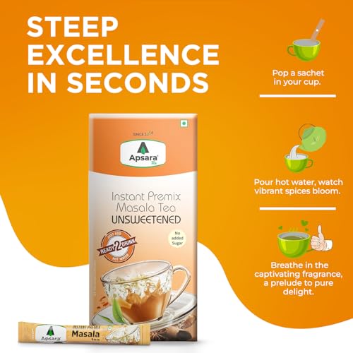 Image of APSARA Instant Tea Premix Unsweetened Masala Tea 10 Sachets | Ready To Drink Sugar Free Chai | Enriched with Ginger, Cardamom, Pepper, and Indian Spices, No Added Sugar Chai, On the Go Tea