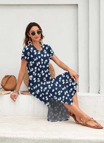 Image of MISFAY Womens Maxi Dress Short Sleeve V Neck Loose with Pockets | Soft stretchy breathable, v neck loose fit, side split hem, two side pockets, casual daily beach vacation travel dress