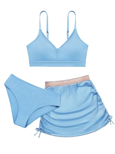 ESHOO Girls' 3 Piece Swimsuit Set Floral Print Bikini Swimwear with Drawstring Beach Skirt Cover Up Bathing Suit