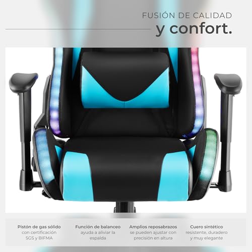 tectake® Silla Gaming, Silla de Oficina Ergonómica con Función Masaje, Iluminación LED, Respaldo y Reposabrazos Ajustables, Silla Giratoria Reclinable, Silla para Escritorio y Gaming - Negro/Celeste - imagen 9