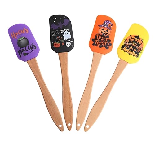 4PCS Halloween Silicone Baking Spatula Set,Non-Stick Cream Spatulas Fall Spatula,Halloween Scraper Baking Scraper with Wooden Handle Heat Resistant Kitchen Serving Utensils for Cooking and Mixing