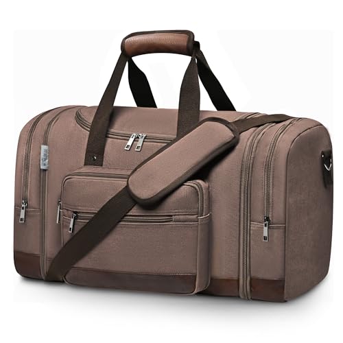 Image of Wolhbege Duffle Bag for Travel,Mens Travel Bag & Carry On Bag for Men with Expandable Design and Luggage Sleeve -Duffel Bag for Gym, Weekender, Overnight Trips, Brown, 20.5 x 11.5 x 10 inches