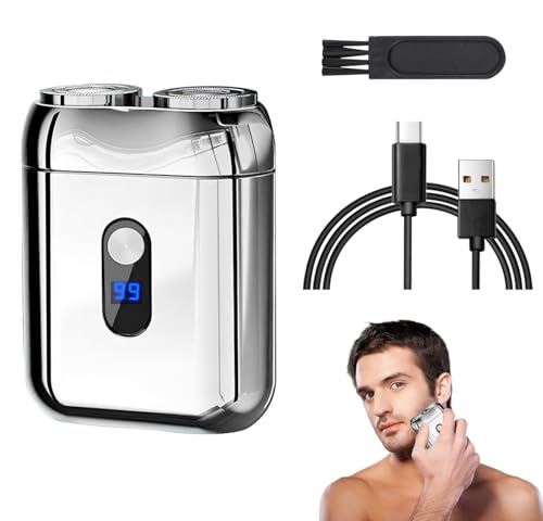 Mini Rasoio Elettrico, Rasoio Impermeabile IPX7, Rasoio Elettrico Barba Portatile, Uomo Rasoio Elettrico a Doppia Testina, Rasoio per la Pulizia Profonda per Casa, Auto, Viaggio (Argento)