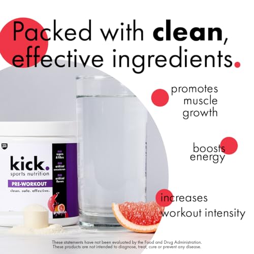 Image of Kick Pre Workout Powder, Grapefruit Flavor, 30 Servings, L Theanine, Amino Acids, L Glutamine, and Caffeine to Support Energy & Fitness Performance, No Sugar, No Artificial Sweeteners or Flavors