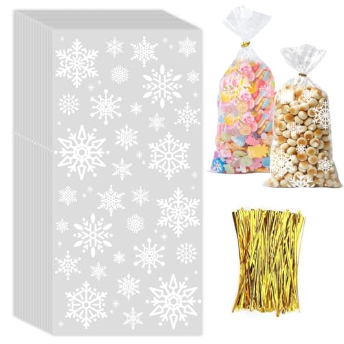 100 Stück Plätzchentüten Weihnachten Schneeflocke Süßigkeiten Tüten Kekstüten Transparent Cellophantüten Weihnachten mit 150er Twist Krawatten für Plätzchen Bonbon Süßigkeiten