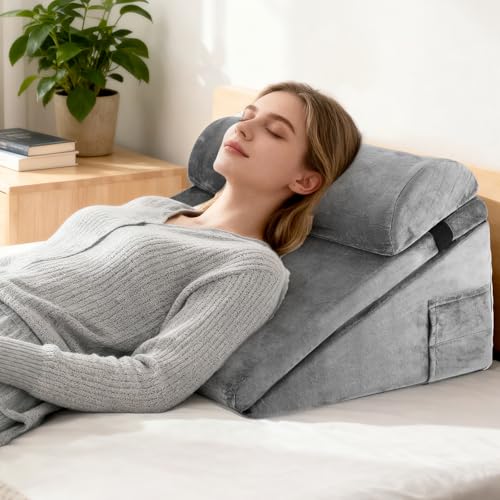 Cuscino inclinato per letto, cuscino a T triangolare in memoria di forma per apnea del sonno, lettura per letto per apnea del sonno, reflusso acido, elevazione delle gambe, grigio