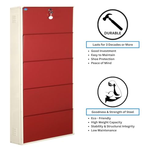 Image of DELITE KOM 29 inch Wide, 10 Shelf Metal Shoe Rack Wall Mounted for Home with Central Lock Holds Upto 36 Shoes or 60 Slippers Pair Double Decker, 1Yr Warranty, (67x29x8, Ivory Brick Red), DIY, Space Saver