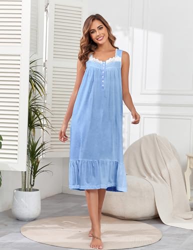 Image of Viakeo Cotton Nightgowns for Women Long House Dress Soft Sleepshirts With Pockets S-3XL