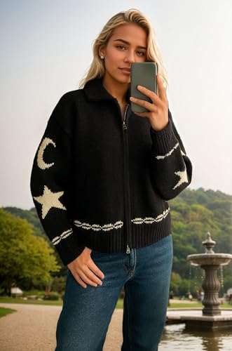 Image of Star Cardigans for Women Knit Button Up Sweater Coat Open Front Cardigan Zip Up Long Sleeve Streetwear with Pocket