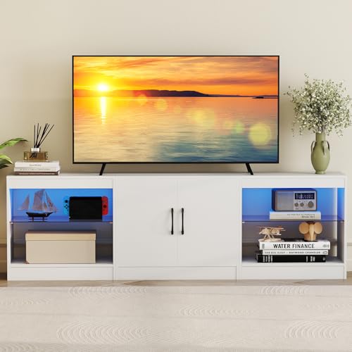 GIANTEX Mueble de TV Modular de 3 Piezas, Soporte de TV con Iluminación LED, Estantes Ajustables y Armario, para Televisor hasta 85 Pulgadas, 195 x 30 x 55 cm, para Salón, Oficina (Blanco)