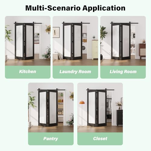 Image of 56 inchx80 inch 1-Lite Frosted Glass Bifold Barn Door Slab and 64 inch Track Kit, Black