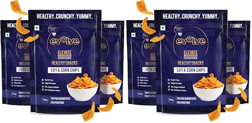 Image of Evolve Soya Corn Chips Healthy Snacks for Kids, Adults | Gluten Free, High Protein, Vacuum Cooked, No Preservatives, Delicious Crunchy Snack - 100g Pack of 6