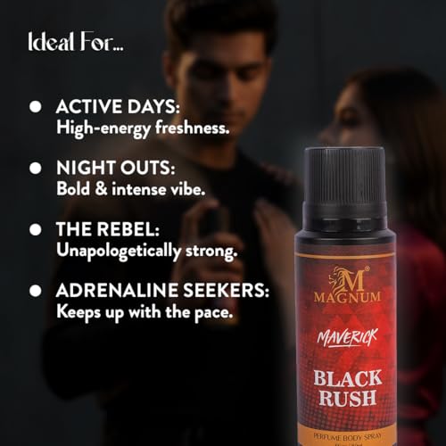 Image of Magnum Maverick Black Rush Men's Body Spray - Bold Spicy Woody Fragrance for Confident Men | Long-Lasting Cinnamon, Patchouli & Dark Woods Scent | 150ml