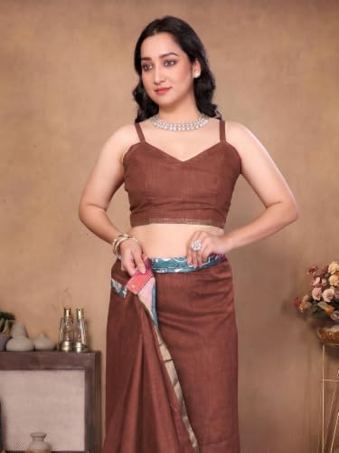 Image of SAMANTHA Black Floral Print Ready to Wear Linen Saree with Pocket & Adjustable Belt