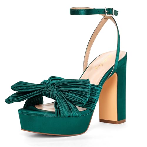 Elisabet Tang Vintage Bow Strappy Platform Chunky Block Heels Satin Bowknot Round Toe Sandals 4 inch for Evening Prom Comfortable