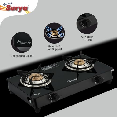Image of Golden Surya 2 Burner Toughened Glass Gas Stove | Manual Ignition | ISI Certified | LPG Compatible | 18 Months Warranty