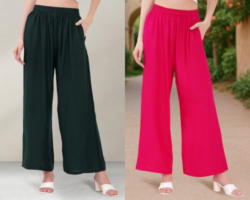 Image of Buy That Trendz Palazzo Pants for Women Rayon Elasticated Regular Fit Flared Wide Leg M to 6XL Pack of 2