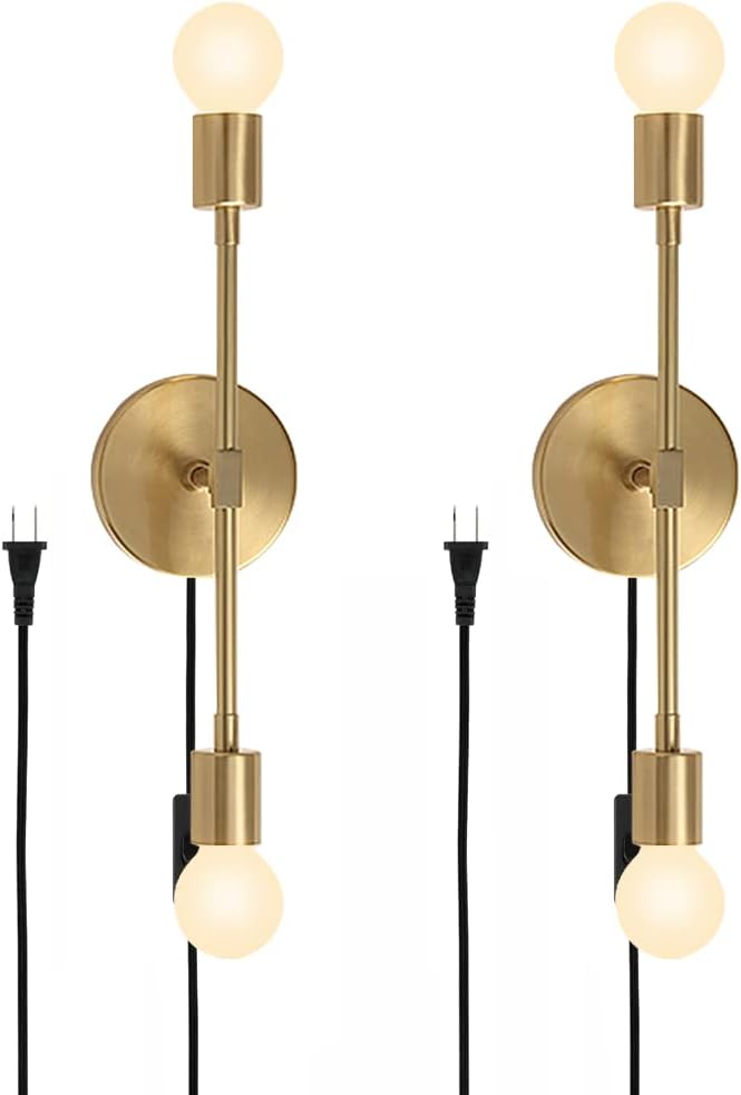 BOKT Mid Century Gold Wall Sconces Modern Set of 2 Wall Lamps Plug in 2 Pack Bathroom Vanity Lighting Fixtures Gold Brass Wall Mounted Lamps Industrial Wall Lights Vintage Indoor Lighting for Hallway