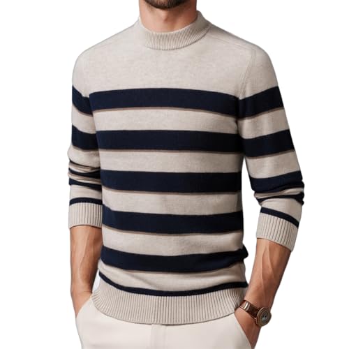 Mens 100% Wool Mock Turtleneck Sweater Vintage Striped Pullover Sweater Fashionable Knitted Long-Sleeved Top