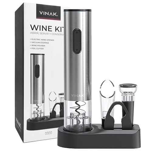 VINAK - Conjunto de vinho - WINE KIT - Saca-rolhas elétrico a pilhas em aço inoxidável rolha de vinho a vácuo vertedor de vinho corta-cápsulas | Design moderno, abre-garrafas sem esforço