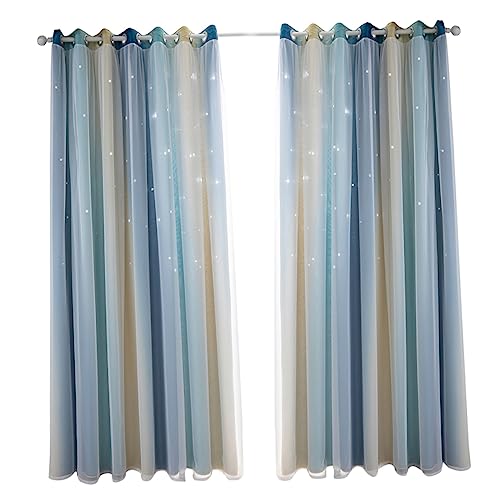 Rideaux occultants double couche polyester tulle bleu OUNONA