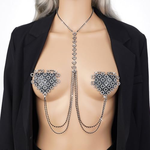 Damen Sexy Nippel BH Herz Strass Nippelpasten Mit Körperkette Halskette und Brustaufnäher Set Wiederverwendbare Selbstklebende Abdeckungen Pasties Nippelcover Nippelpads Brustschmuck Brustaufkleber – Bild 3