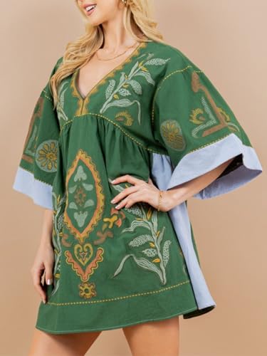 Image of Joiemont Womens Oversized Embroidered Dress with V-Neck and 3 /4 Sleeves Vintage Embroidery Babydoll Dress
